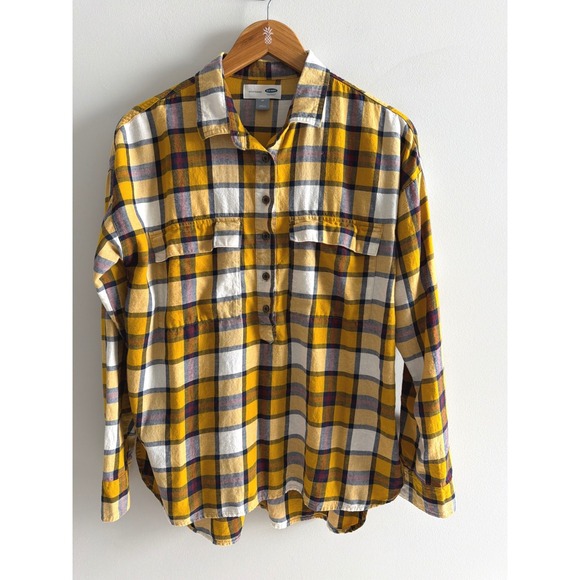 Old Navy Tops - Old Navy Flannel Shirt Yellow Plaid Cotton Boyfriend Oversized Henley Blouse M